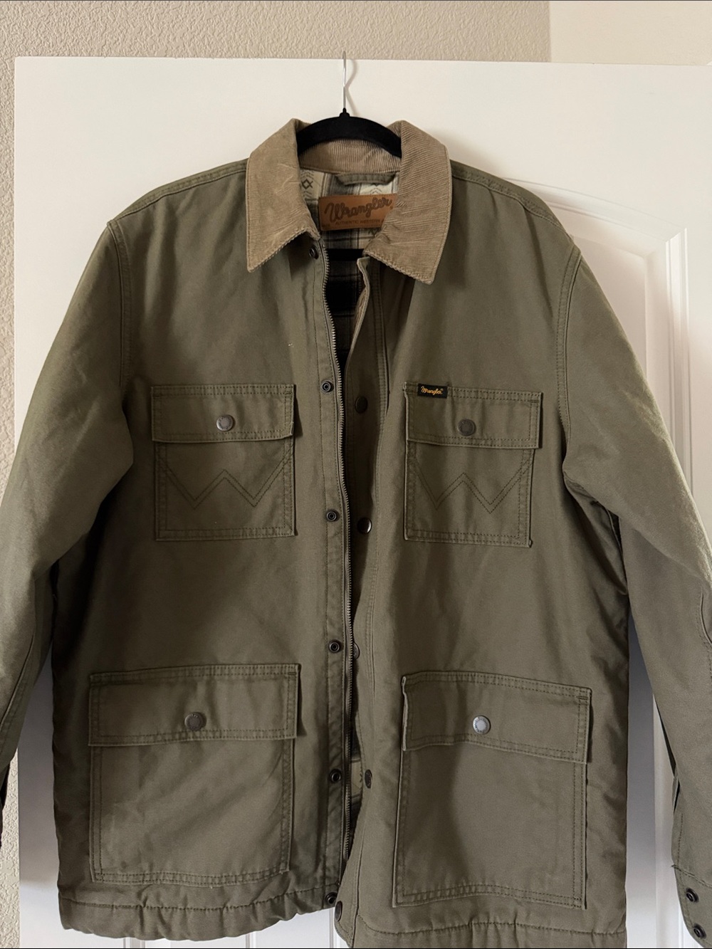 Wrangler Olive Green Canvas Jacket with Tan Corduroy Collar